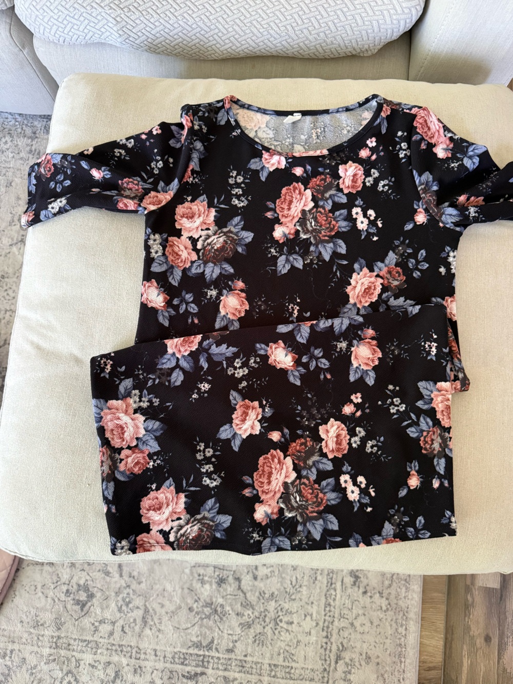 Black Floral Dress with Pink Rose Print